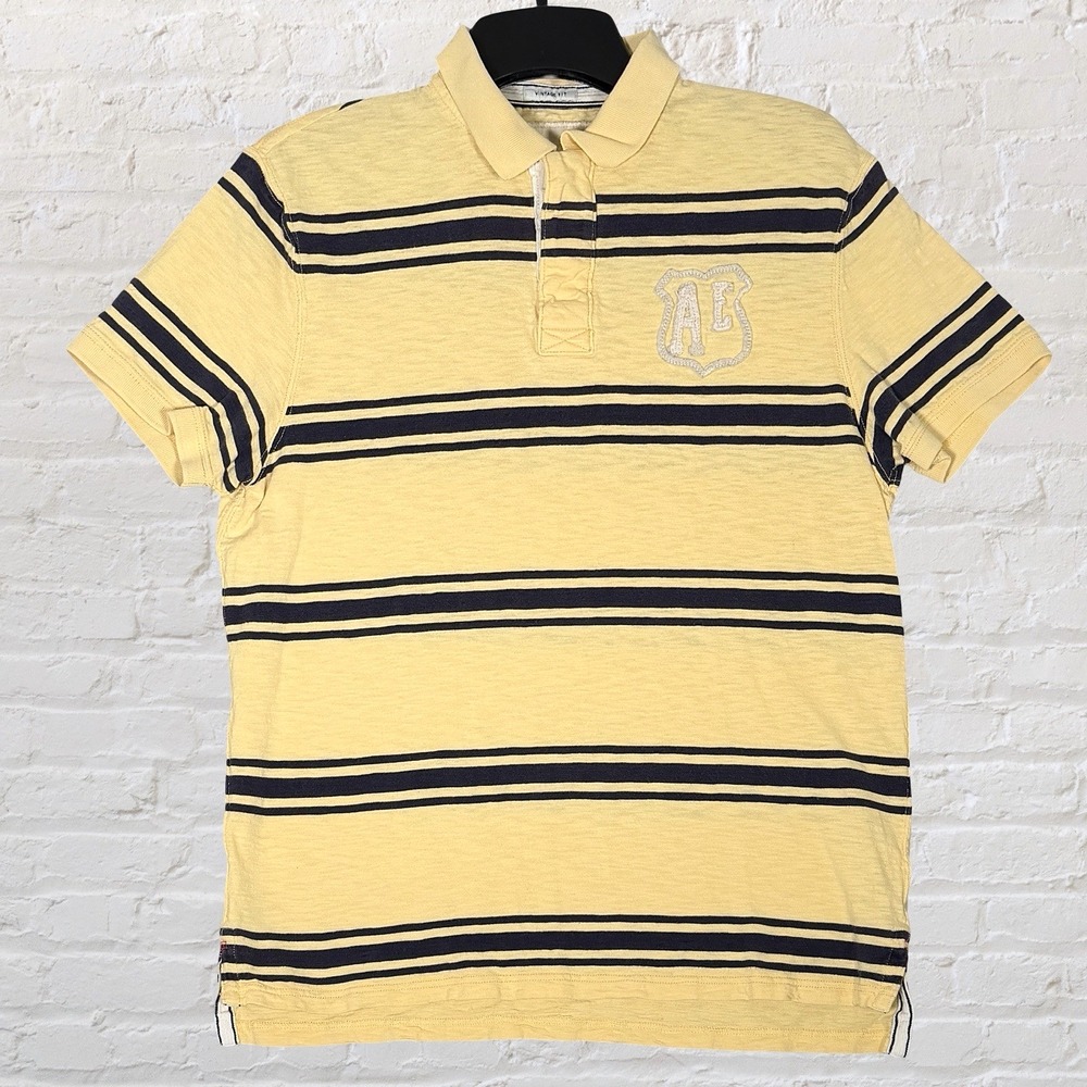 American Eagle Striped Polo Shirt Size XL Vintage Fit Yellow Blue Embroider Y2K